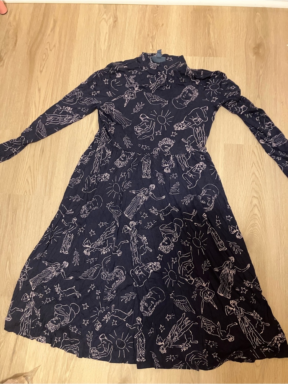 Navy Ancient Statue Celestial Printed Long Sleeve Midi Dress